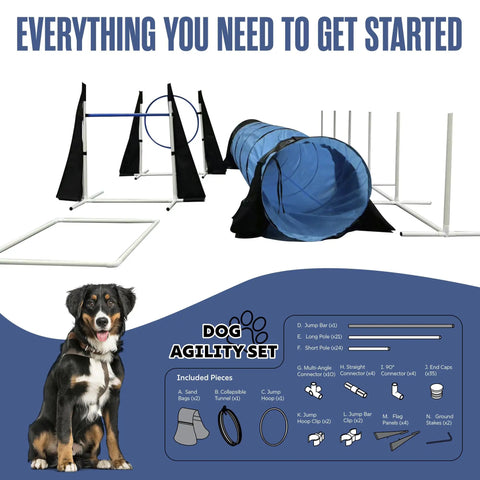 Complete Dog Agility Course Set for Backyard Training and Exercise with tunnel, weave poles, jumps, and pause box displayed