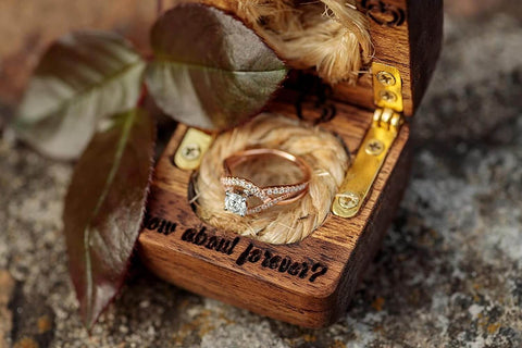 Wooden jewelry box with gold hinges containing a diamond ring, showcasing Durable Mini Hinges For Wooden Jewelry Box Chest Case Gold Brass 90 Degree Opening Hidden Hinges With 20 Screws 30x30mm Perfect Gift Hardware Upgrade For Craft Projects And Small Wooden Boxes