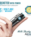 Rechargeable Compact EDC Flashlight With Clip, Beefy 1000 Lumen Tactical Torch held by hand, lightweight design, 51g weight