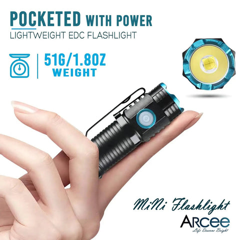 Rechargeable Compact EDC Flashlight With Clip, Beefy 1000 Lumen Tactical Torch held by hand, lightweight design, 51g weight