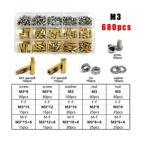Pro Grade Brass Copper PCB Standoff Hex Spacer Kit For Electronics DIY M2 M2.5 M3 M4 Sizes With Nuts Washers Pillars Screws 680 Piece Set Built For Makers And Tinkerers, M3 parts sorted in organizer
