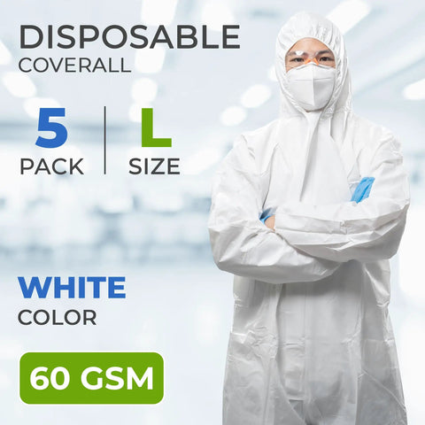 White Disposable Coveralls With Hood For Men And Women Pack Of 5 Microporous Lab Painter Hazmat Suits With Storm Flap Zipper 60 GSM Large Durable Go To Workwear Dust Proof Chemical Resistant Protection For Work, 5 L, 60 GSM