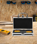 Heavy Duty Aluminum Tool Case With Dead Secure Latch And Comfy Grip Handle For Organizing Multi Purpose Large Capacity Work Gear Tablets Screws And Electronic Devices Portable Storage Box displayed open with tools inside on a workbench.