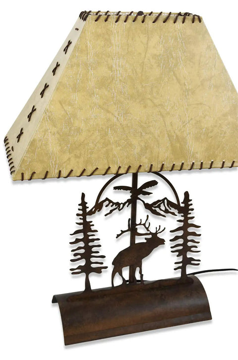 Rustic Elk Table Lamp With Faux Rawhide Shade, Inline Dimmer, Cabin Lighting, 26 Inch, Amber Glow, Durable Wood Base