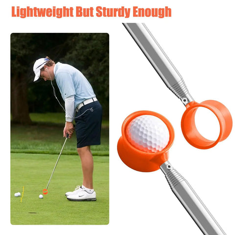 Golfer uses Telescopic Golf Ball Retriever With 12 Foot Aluminum Shaft, Water Safe Ball Grabber Tool; tool close-up on right