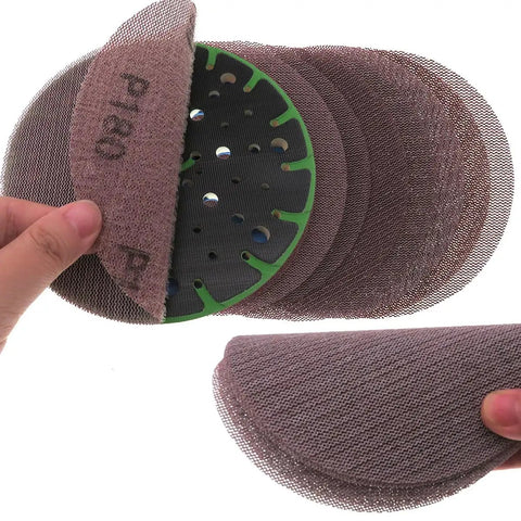 Kickstart Your DIY With 20 Piece Ultra Heavy Duty 6 Inch Mesh Sanding Discs showing hook loop disc and mesh material.