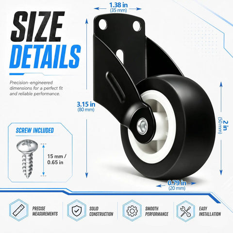ElaraBerry 12 Pcs 2'' Anti-sag Gate Support Wheels, Black Caster Roller with size measurements and screw detail.