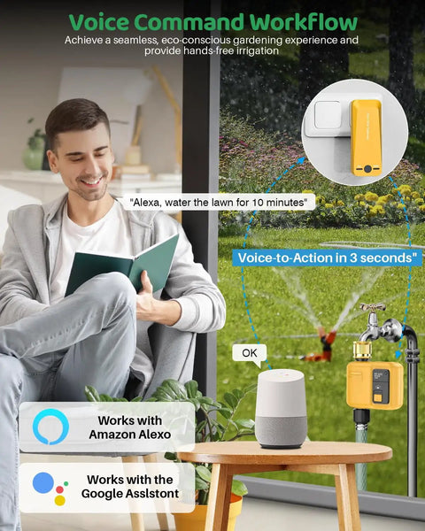 Smart Water Timer 1 Zone Garden Hose with WiFi Remote and Voice Control shown with Google Assistant device indoors