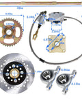 Rear Axle Assembly Kit For 32 Inch Go Karts With Shaft Hub And Chain Brake Master Cylinder And 428 108L Chain Fits 6 To 10 Inch Wheels Beefy Heavy Duty Chrome Construction For ATV Quad Drift Trikes components laid out with measurements.