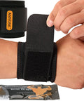 2 Pack Wrist Wraps For Carpal Tunnel Relief And Pain Prevention, flexible adjustable wrist brace shown on wrist with packaging