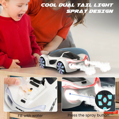 SIMREX RC car, white gesture-sensing toy with spray mist, LED lights, and charging dock