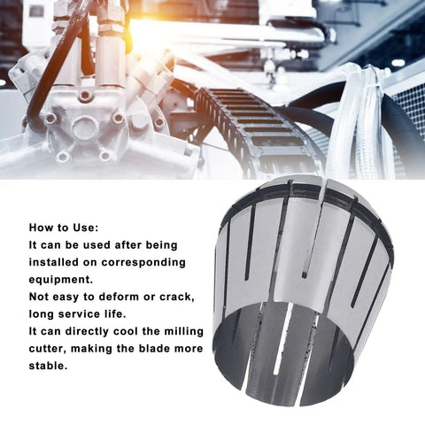 Spring Collet for CNC Engraving and Milling, 26mm Hole ER32 Clamp Chuck, close-up view next to machinery setup guide