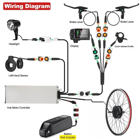 Wiring diagram for Beefy 48V 500W Rear Hub Ebike Conversion Kit with brushless motor and smart controller, showing components layout
