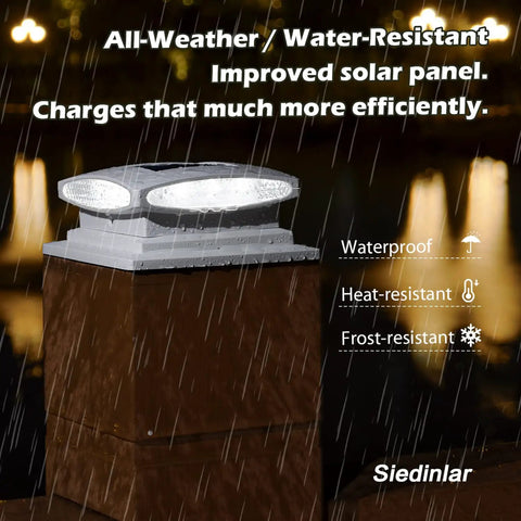 Solar Post Cap Lights Outdoor 24 LED With Two Color Modes Warm White And Cool White, in rain, all-weather shown on fence post