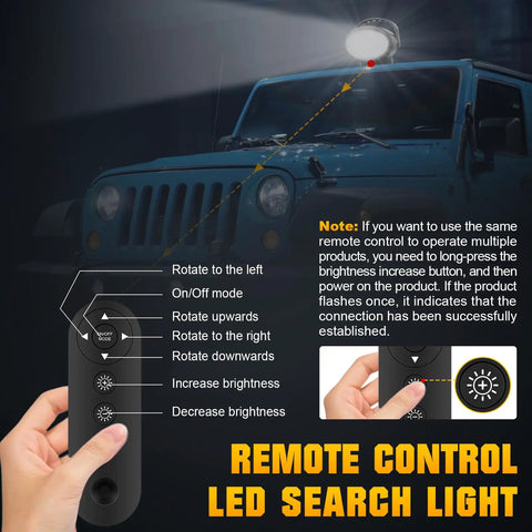 Remote control for 360 Degree LED Spotlight With Remote Control Rotating Work Light With Magnetic Base for vehicles, SUV in background.