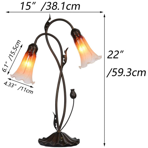 Lily Flower Blown Glass Accent Table Lamp In Orange 15 Inch Wide 22 Inch High Cozy Two Light With Separate On Off 4 Way Rotary And Inline Switch Uses 2 X 15W E12 Bulbs Not Included Great For Living Room Or Bedroom Decor, showing detailed dimensions.