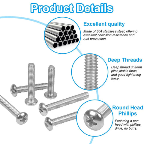 Machine Screws Kit In Stainless Steel, 100 Pieces, Sizes 6-32 And 8-32, Phillips Pan Head shown with product features