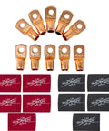 Pack Of Ten 1/0 Gauge Copper Ring Terminal Connectors With Red Black Heat Shrink Tubing 3/8 Inch Stud for car audio power wiring.