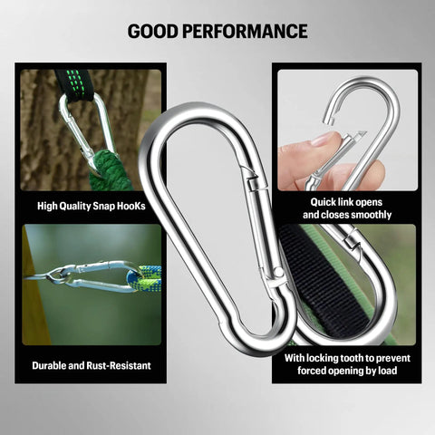 Heavy Duty Snap Hook Carabiners 30 Pack 3 Inch Zinc Galvanized Steel Quick Links 500 Pound Capacity shown in various uses