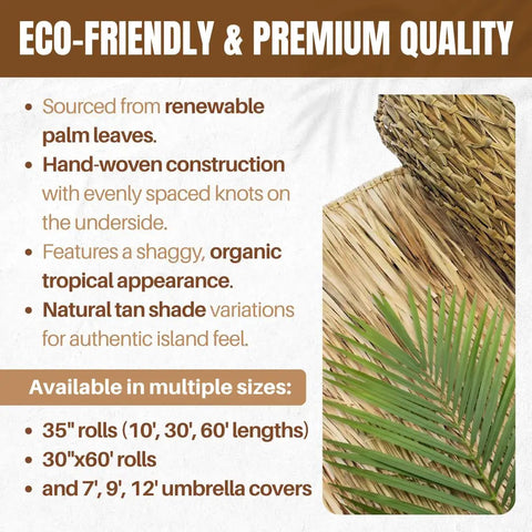 Mexican Palm Thatch Roll 35 Inch By 30 Ft Natural Tiki Bar Roof Palapa Thatched Roof Duck Blind Grass Patio Cover Hand Woven Real Straw Eco Friendly 87.5 Sq Ft Coverage Trim To Size roll displayed with close-up of texture and palm leaf.