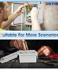 Two images showing Rugged Outdoor ABS Junction Box IP67 Weatherproof Enclosure With Hinged Cover being installed and used.