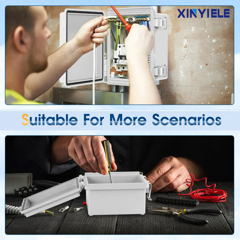 Two images showing Rugged Outdoor ABS Junction Box IP67 Weatherproof Enclosure With Hinged Cover being installed and used.
