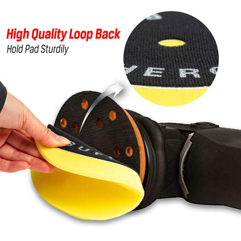Close-up of high-quality loop back on yellow pad from 3 Piece Orbital Polishing Pads Set For Buffing And Waxing 5 Inch Hook And Loop Foam Buffer Pads