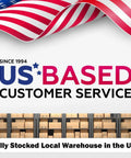 US-based customer service graphic with American flag and stacked boxes in a warehouse, emphasizing local service.