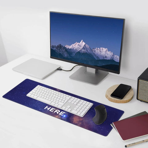 Custom Large Desk Pad With Photo And Text Personalization Non Slip Mouse Mat For Computer And Office Upload Your Picture Or Logo Extra Large 12In By 31In Durable Rubber Surface For Smooth Glide on desk with keyboard and mouse.