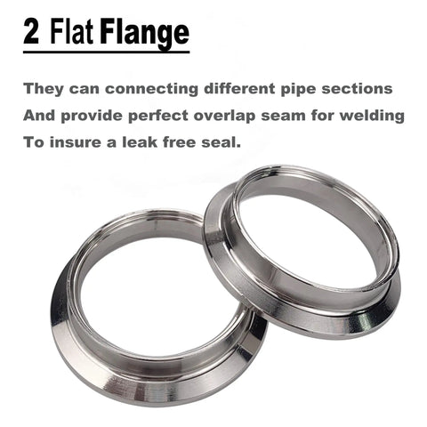 Flat flanges from Heavy Duty 2.5 Inch Stainless Steel Exhaust Clamp Kit for exhaust piping, showing smooth finish and overlap seam.