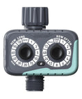 Front view of weatherproof sprinkler timer with three quarter inch hose port, programmable dial watering system for lawn, garden and drip irrigation