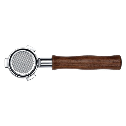 54mm Bottomless Portafilter With 18G Basket And Genuine American Walnut Handle For Breville Sage Barista Express And Other 54mm Machines Naked Extraction For Troubleshooting Channeling And Uneven Tamp, top view
