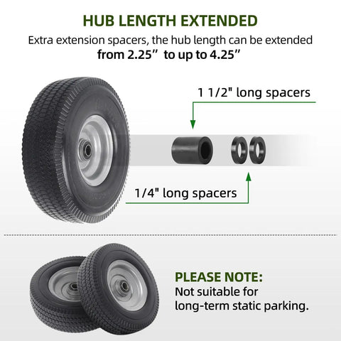 Beefy 10 Inch Solid Wheel Replacement Kit With Flat Free PU Run Flat Tire, showing hub extension spacers and warning text