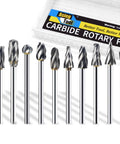 Straight Shooter 10 Piece Solid Tungsten Carbide Rotary Burrs Featuring 1/8 Inch Shank And Single Cut Flutes For Quick Aluminum Shaping Die Grinder Work in a set.
