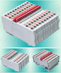 Industrial Grade Heavy Duty Din Rail Terminal Block Kit With 32 Amp Push In Connectors showing complete modular units from multiple angles.