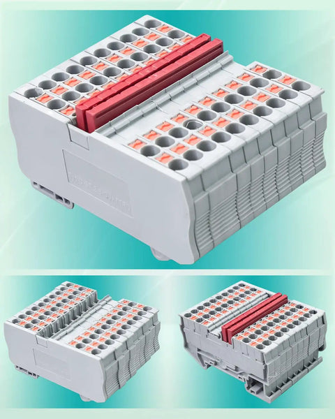 Industrial Grade Heavy Duty Din Rail Terminal Block Kit With 32 Amp Push In Connectors showing complete modular units from multiple angles.