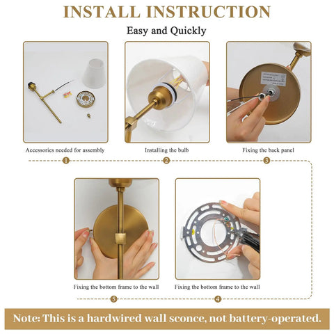 Two Pack Hardwired Brushed Brass Wall Sconces With Fabric Shade, Vanity Light Fixture installation guide with four steps.