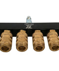 Six Way Air Manifold With One Quarter Inch NPT Quick Connect, Industrial Pneumatic Splitter with brass fittings and aluminum body
