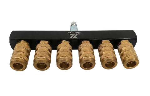 Six Way Air Manifold With One Quarter Inch NPT Quick Connect, Industrial Pneumatic Splitter with brass fittings and aluminum body