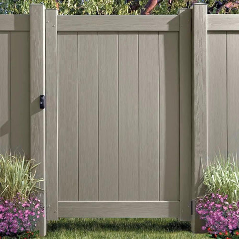 Deluxe Gate Latch 5-7/8 Inch Heavy Duty Stainless Steel Hardware Black Finish on a vinyl gate