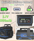 Built-in lithium battery for Self Leveling Laser Level With Three 360 Degree Lasers Horizontal And Two Vertical Cross Lines For Full Room Layout Green Cross Line Laser Tool With 100 Feet Range Easy On Off H and V Controls and Pro Grade Durable Construction