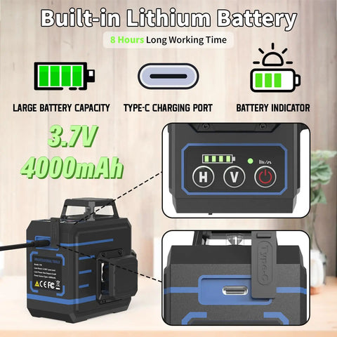 Built-in lithium battery for Self Leveling Laser Level With Three 360 Degree Lasers Horizontal And Two Vertical Cross Lines For Full Room Layout Green Cross Line Laser Tool With 100 Feet Range Easy On Off H and V Controls and Pro Grade Durable Construction