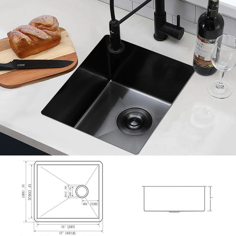 Black Undermount Bar Sink 15x17 Inch For RVs And Small Kitchens, Stainless Steel Wet Bar Sink With 18 Gauge T304 Construction, shown installed with counter layout and dimensions.