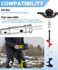 Close-up of Two Stage Drill Adapter Replacement For NDA3 Auger Adapter with compatibility instructions and ice auger in use illustration.