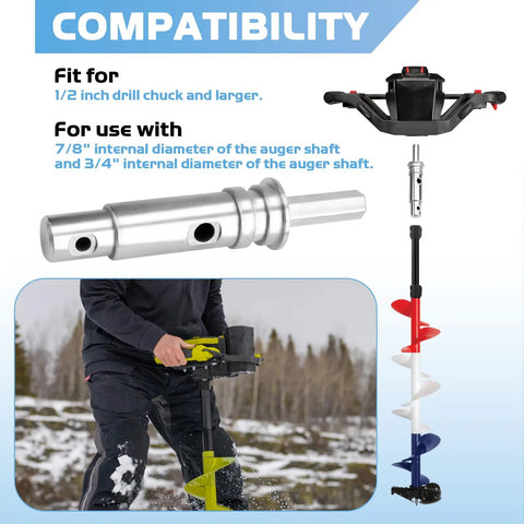 Close-up of Two Stage Drill Adapter Replacement For NDA3 Auger Adapter with compatibility instructions and ice auger in use illustration.
