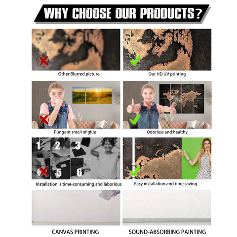 Image comparison showing benefits of Rock Solid Sound Absorbing Wall Panels With Fresh UV Printed Artwork for easy installation.