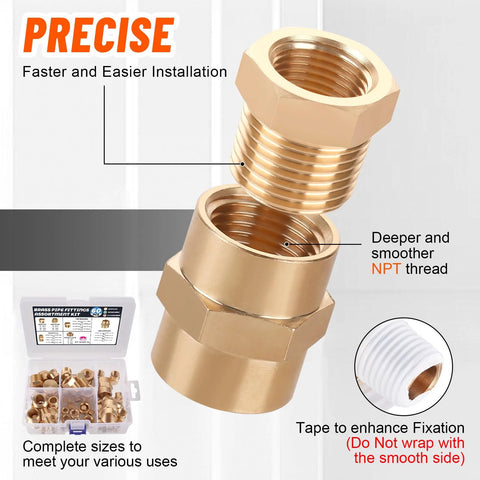 Brass pipe fittings assortment kit, 60 pcs, includes hex nipples, reducing couplings, end caps; Amazon brand