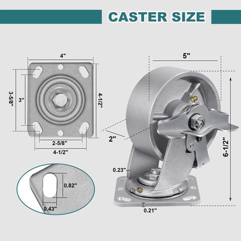 5-inch cast-iron wheel on a steel mounting-plate caster with brake