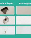 Before and after images of wall repair using DIY Wall Patch Repair Kit With Aluminum Self Adhesive Patches Includes 4x4 6x6 8x8 Patches