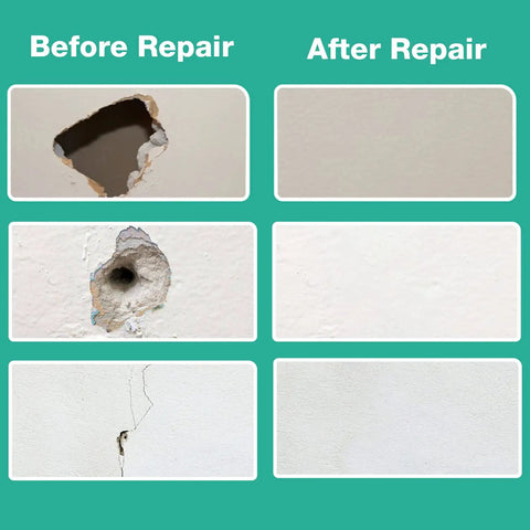 Before and after images of wall repair using DIY Wall Patch Repair Kit With Aluminum Self Adhesive Patches Includes 4x4 6x6 8x8 Patches